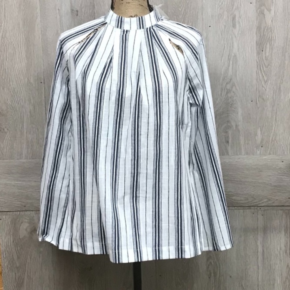 Navy White Striped Long Sleeve Top. 100% Rayon.